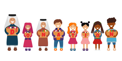 Obraz na płótnie Canvas Vector Illustration of Children with Donation Boxes. Children of Different Ethnicities like Volunteers and They are Holding Donation Boxes. Concept of Clothes Donation. Social Care and Charity Concept