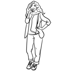 Vector comic outline drawing in black and white of a young woman standing coolly with her hands on her hips. scarf, girl, cool, pose, fashion, outline.