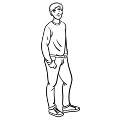 Fototapeta premium Vector comic outline drawing in black and white of a young man who stands cool and has his hands in his pockets. outline, comic, cool, fashion, boy.