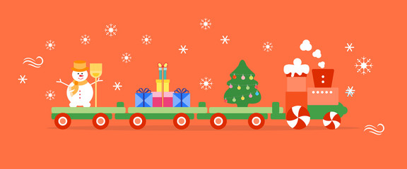 Train carries Christmas tree, snowman, gifts.