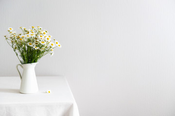 Bouquet of daisy-chamomile flowers in white vase on the table on white background. Copy space.