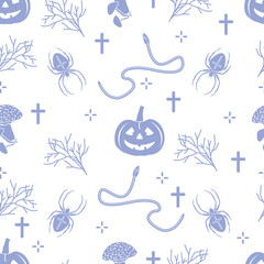 Naklejka premium Halloween seamless pattern. Pumpkin, spider, snake