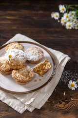 Healthy carrot cake muffins on the plate being sprinkled with powdered sugar. Vegan food, for menu, copy space