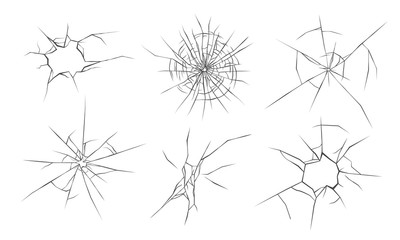 Broken glass cracks, vector illustration set