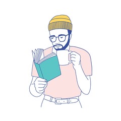 Cute smart bearded guy with glasses holding mug, drinking coffee and reading book. Portrait of thoughtful student or literature reader isolated on white background. Hand drawn vector illustration.