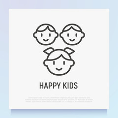 Happy smiling kids thin line icon: girl with tails and two boys. Modern vector illustration.