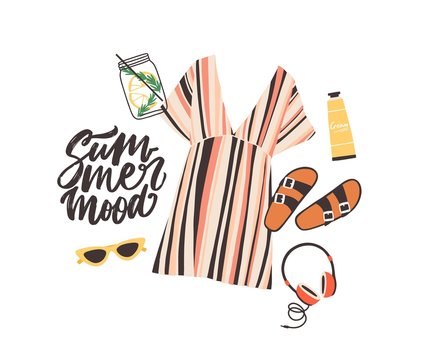 Seasonal composition with Summer Mood slogan and elegant stylish beachwear, sunglasses, cocktail, headphones and sunscreen cream on white background. Flat cartoon colorful vector illustration.