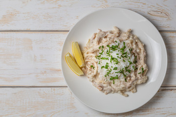 Squid in sour cream sauce. Greek national dish. The view from the top. Copy-space.