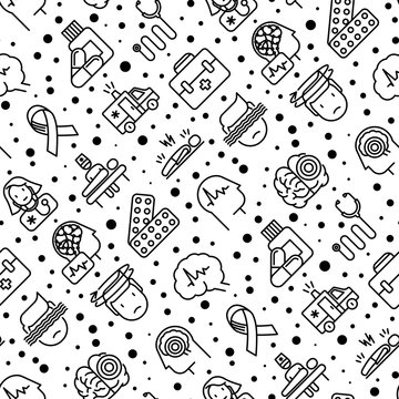 Epilepsy seamless pattern with thin line icons of symptoms and treatments: convulsion, disorder, dizziness, brain scan. World epilepsy day. Vector illustration for banner, web page, print media.