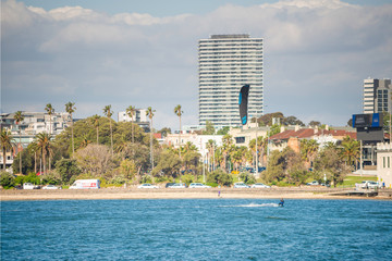 Melbourne/Australia - 11252018: Kite surfing in St Kilda beach
