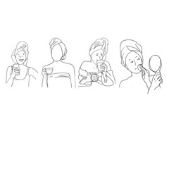 Images of a young girl performing cosmetic procedures, face and body care, a set of drawings in the vector, linear drawing