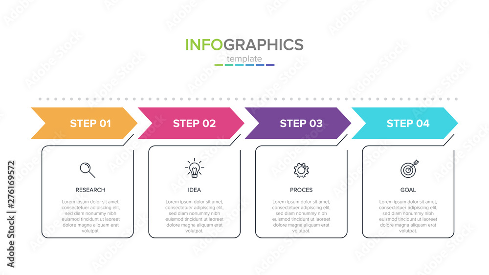 Wall mural concept of arrow business model with 4 successive steps. four colorful rectangular elements. timelin