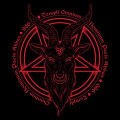 Baphomet demon goat head hand drawn print or blackwork flash tattoo art design vector illustration. Latin inscription translation - father of the temple of peace of all men.