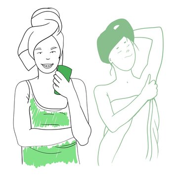 The image of a young girl performing cosmetic procedures, face and body care, vector illustration, drawing