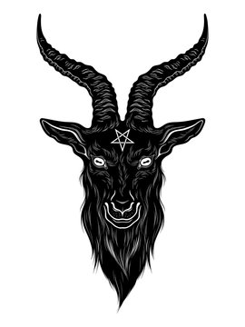Baphomet demon goat head hand drawn print or blackwork flash tattoo art design vector illustration.