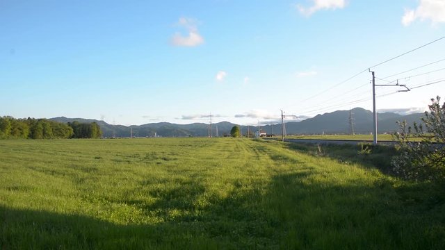 Freight train comes into view on train tracks cutting through a rural countryside area filled with grass fields.