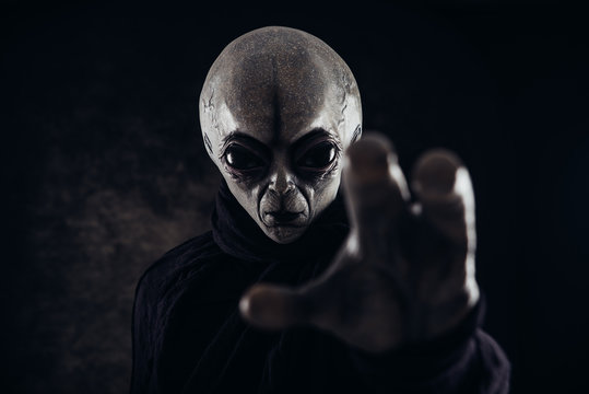 Alien creature has a message for humans. Grey kind humanoid from an other planet portrait series.