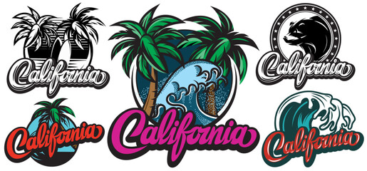 Fototapeta premium Illustrations with calligraphic lettering California and palm trees