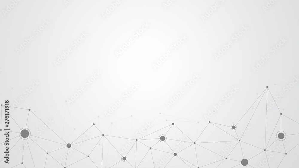 Poster Abstract science and digital internet connection on white and grey background. polygonal with connected dots and lines. Network technology concept.