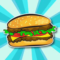 Juicy burger with cutlet salad and cheese illustration