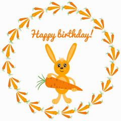Obraz na płótnie Canvas Cute hare rabbit with carrot on a white background. Funny cute childish character rabbit hare for birthday cards, children's backgrounds ets.