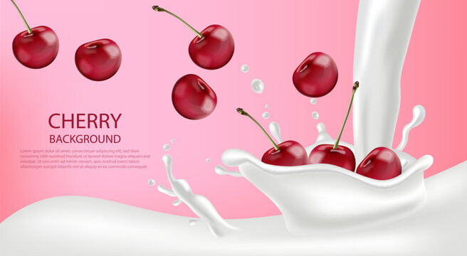 Milk splash with cherry Vector realistic. Detailed 3d illustrations backgrounds
