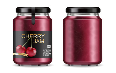 Cherry jam isolated Vector realistic mock up. Product placement label design jar. 3d illustrations