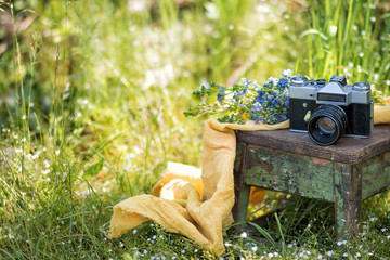 Bouquet of wild flowers and the retro film photo camera on a wooden chair in the summer garden.