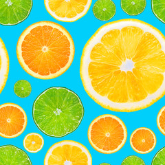 Obraz premium Summer fruit seamless pattern. Citrus print, fabric design with oranges, lemons, limes on blue backdrop.