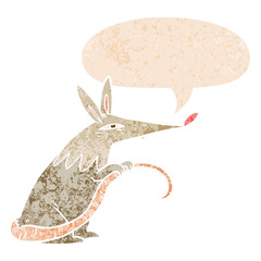 cartoon rat and speech bubble in retro textured style