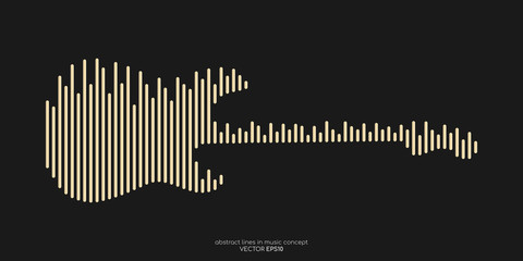 Vector electric guitar shape by equalizer strip line pattern gold color isolated on black background. In concept of music.