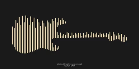 Wall murals For him Vector electric guitar shape by equalizer strip line pattern gold color isolated on black background. In concept of music.