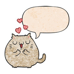 cute cartoon cat in love and speech bubble in retro texture style