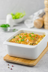 Cheese broccoli cabbage casserole, oven baked. Selective focus, space for text.