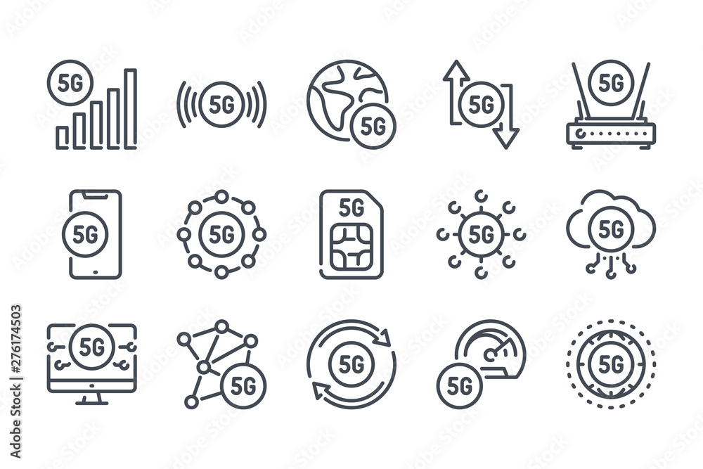 Poster 5g network related line icon set. high speed internet connection linear icons. generation of network