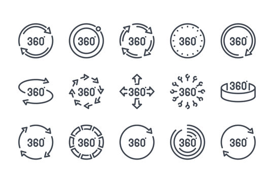 360 degree related line icon set. 360 view linear icons. Panorama view outline vector sign collection.