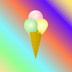 Multicolored ice cream balls in waffle cone. Vector flat illustration