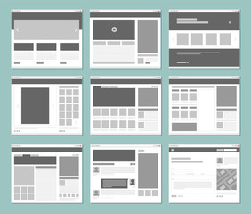 Web pages layout. Internet browser windows with website elements interface ui template vector design. Illustration of window browser, website menu or homepage architecture - obrazy, fototapety, plakaty