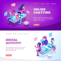 Chat landing. Virtual relationship people talking online devices smartphone laptop app messengers internet social dating love vector. Illustration of social messenger, activity communication
