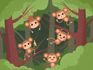 Monkey in jungle. Wild little animals playing on tree and liana and chimpanzee eating fruits banana vector cartoon background. Animal hanging, monkey on liana illustration