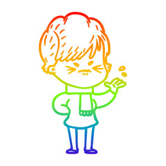 rainbow gradient line drawing cartoon frustrated woman