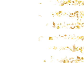 Holiday realistic gold confetti flying on black background.