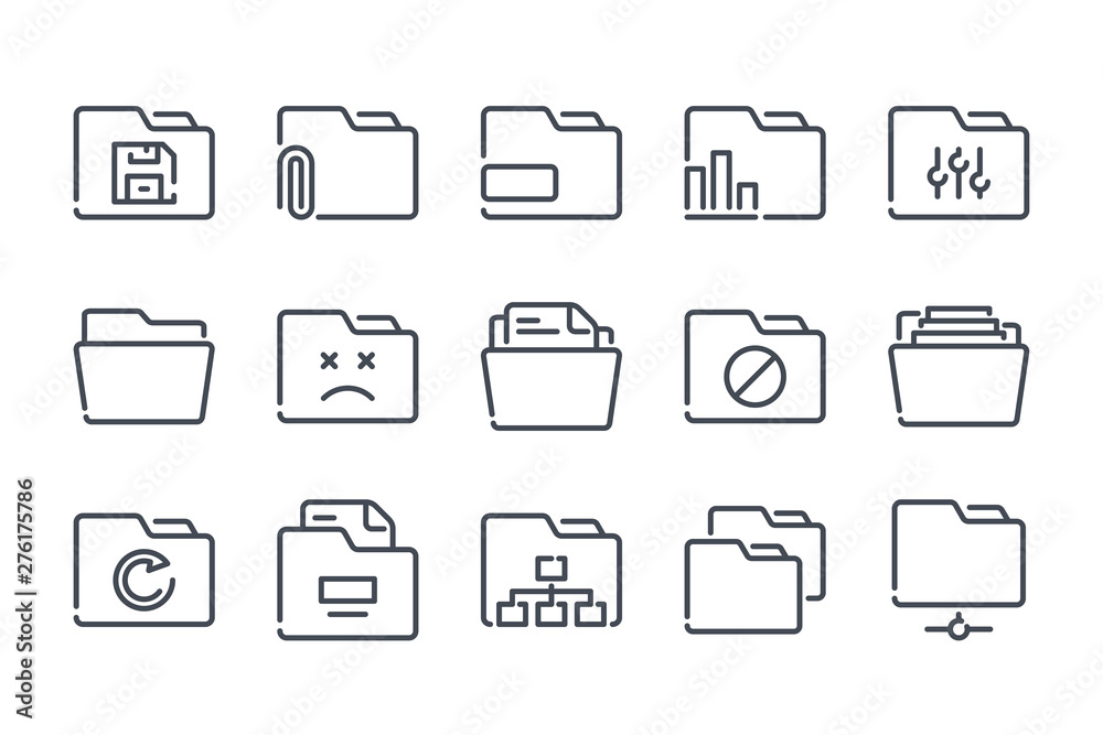 Poster folder related line icon set. document archive linear icons. file organization outline vector signs 