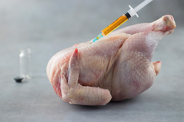 A chicken carcass and a syringe with antibiotic on a gray background.