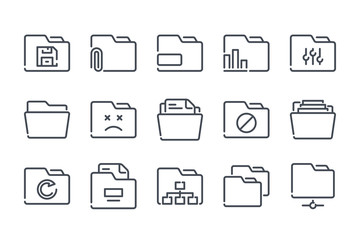 Folder related line icon set. Document archive linear icons. File organization outline vector signs and symbols collection.
