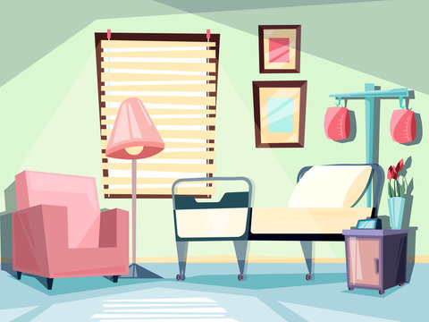Hospital room. Medical empty interior with couch chair ambulatory bed vector illustrations. Room ward medical with couch and chair