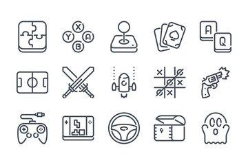 Video game related line icon set. Games category linear icons. Mobile game vector signs and symbols collection.