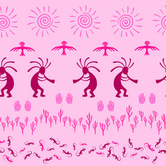 Folk, design with dancing god music spirit, wild nature, spiral signs.