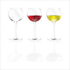 Set transparent vector wine glasses,with white and red wine