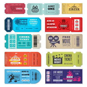 Tickets template. Events entrance tickets in cinema theater circus show concert admission vector design. Entrance cinema or theater, concert entertainment illustration